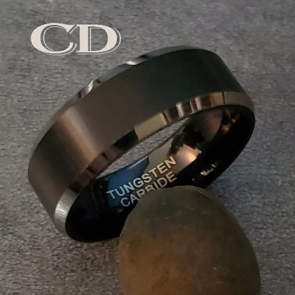 Men's Black Tungsten Wedding Ring  Black Powder Coat Polished Step Edges
